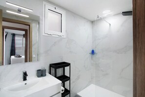 Shower, hair dryer, towels