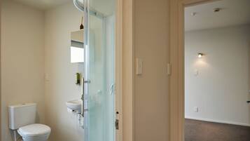 Shower, towels, soap, shampoo