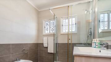 Shower, hair dryer, towels, soap