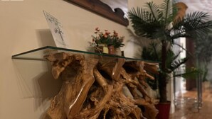 Un expositor de vidrio con una gran escultura de madera natural.