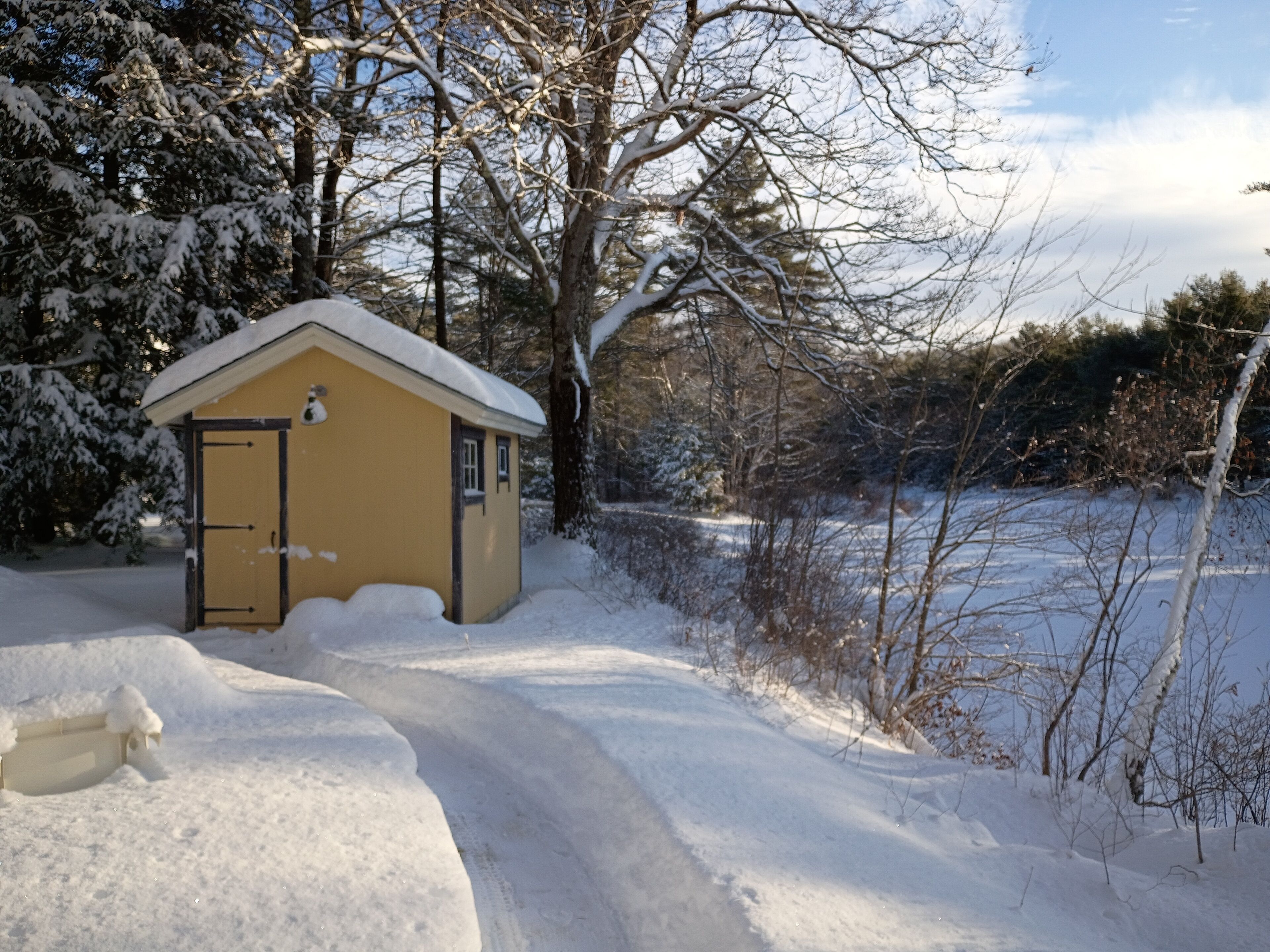Eine kleine, gelbe Holzhütte mit Tür und Fenstern, umgeben von schneebedeckten Bäumen und einem verschneiten Pfad.