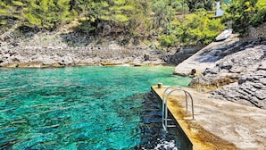 A clear pool with a stone deck and metal ladder, surrounded by rocky terrain and pine trees. - Octopus by Interhome (Hvar/Gdinj)