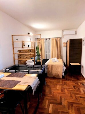 1 bedroom, desk, iron/ironing board, travel cot