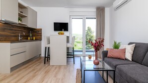 Un appartement moderne comprenant une cuisine, un coin repas et un salon.