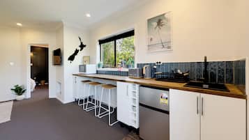 Fridge, microwave, electric kettle, toaster