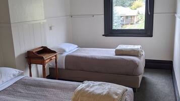 A room with two single beds, a small wooden table, a window with a view, and a ceiling light.
