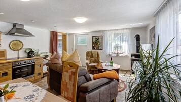 Ein Wohnzimmer mit Sofa, Esstisch, Küchenzeile und einer großen Pflanze.