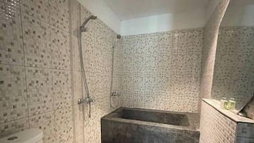 Ducha, secador de pelo, toallas, jabón