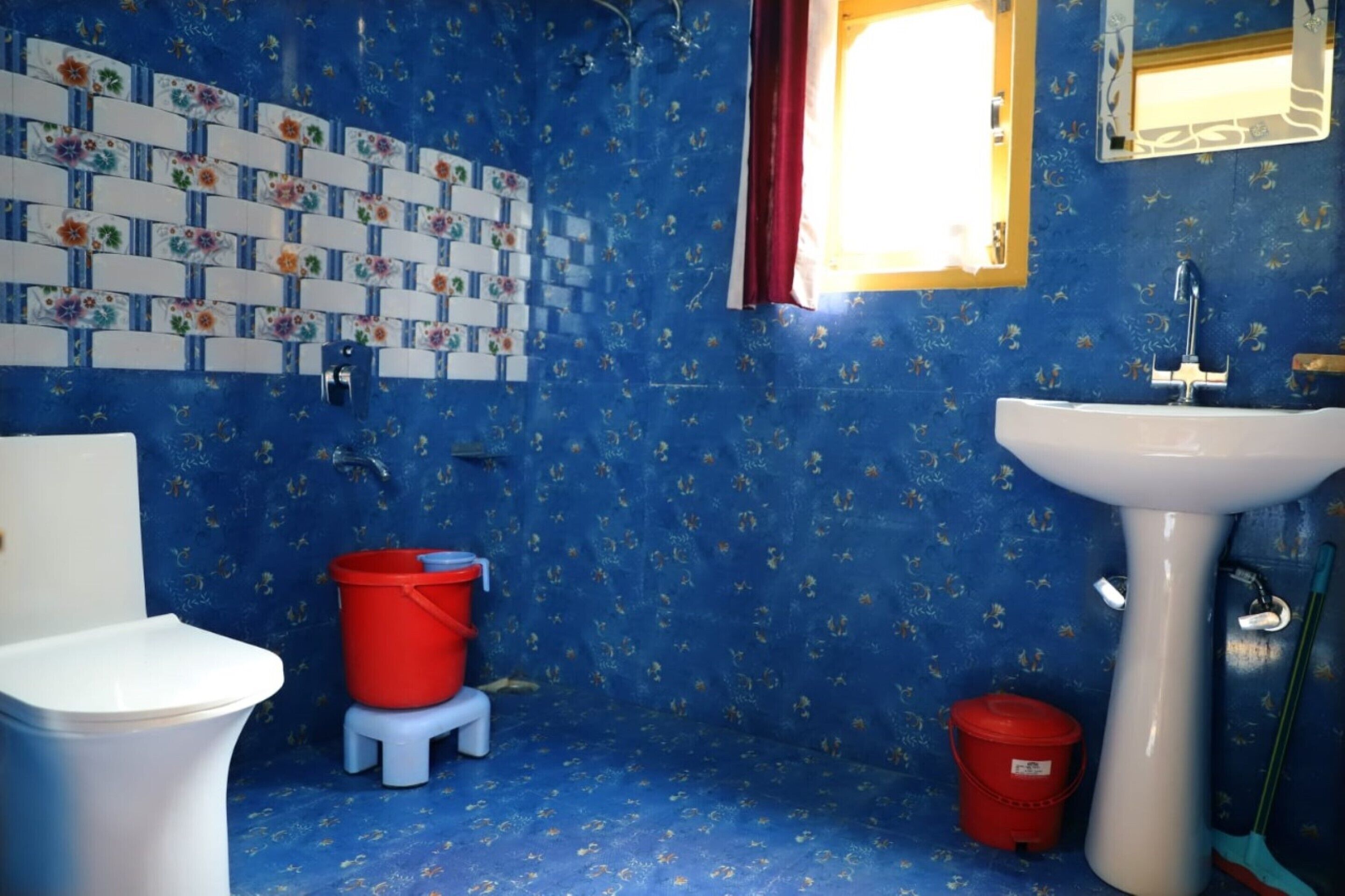 Shower, rainfall showerhead, bathrobes, towels
