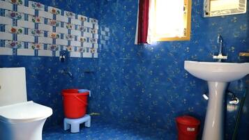 Shower, rainfall showerhead, bathrobes, towels