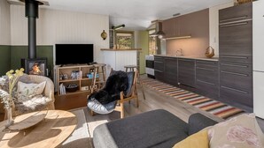 A modern living room with a fireplace, television, and a kitchen area with a stove and sink. - "Lovisa" - 7km from the sea by Interhome (Rønde)