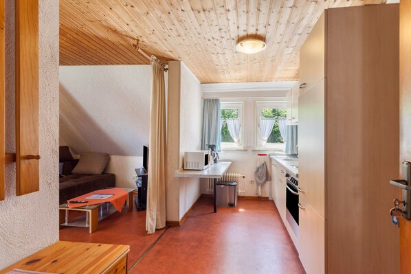 A compact kitchen with a microwave, sink, and stove, a small dining area with a table and chairs, and a cozy seating area with a sofa.