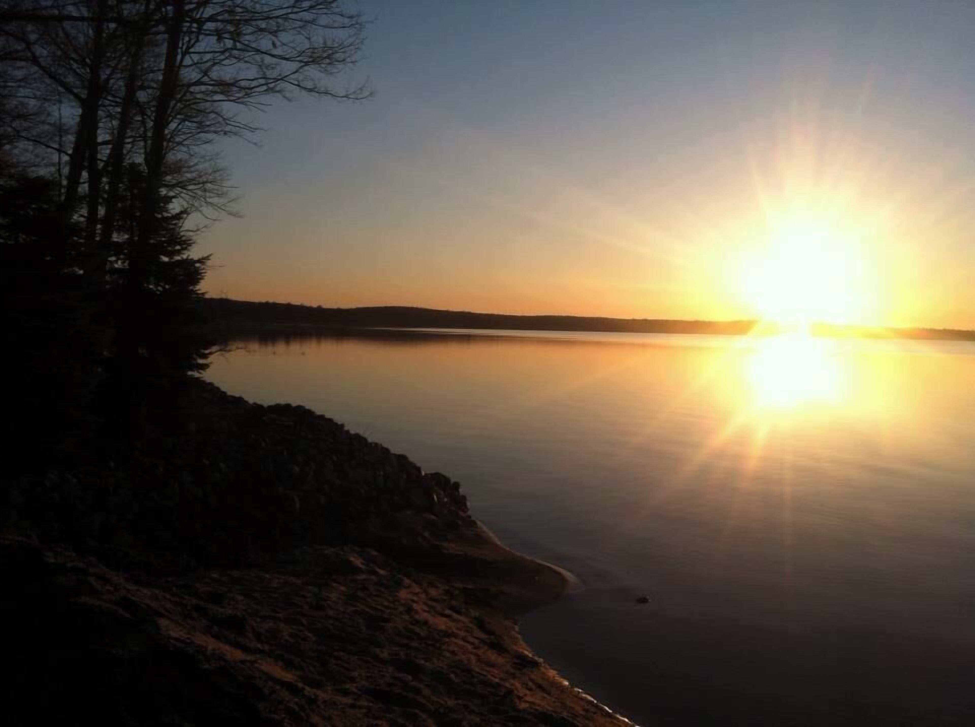 En solnedgång över ett stilla vatten med en stenig strand och lövträd utan löv.