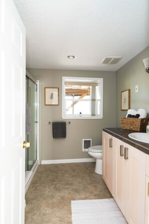 Shower, hair dryer, towels