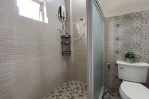 A bathroom with a shower, toilet, and a small shelf with a plant.
