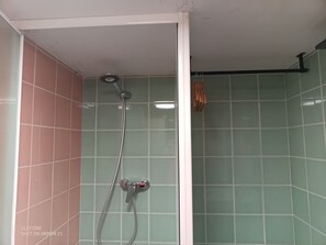 Ducha, secador de pelo, toallas y papel higiénico