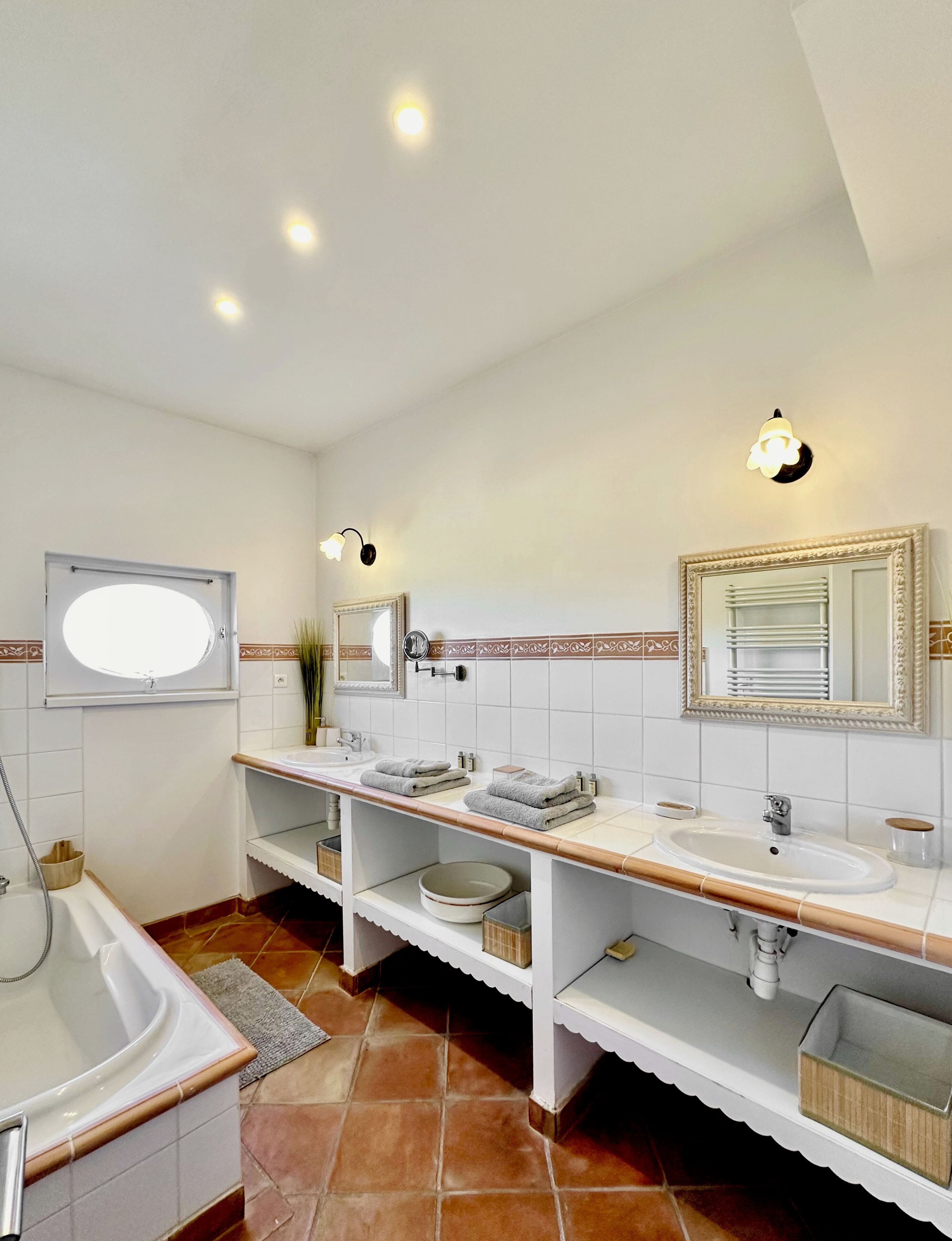 Hair dryer, towels, soap, shampoo