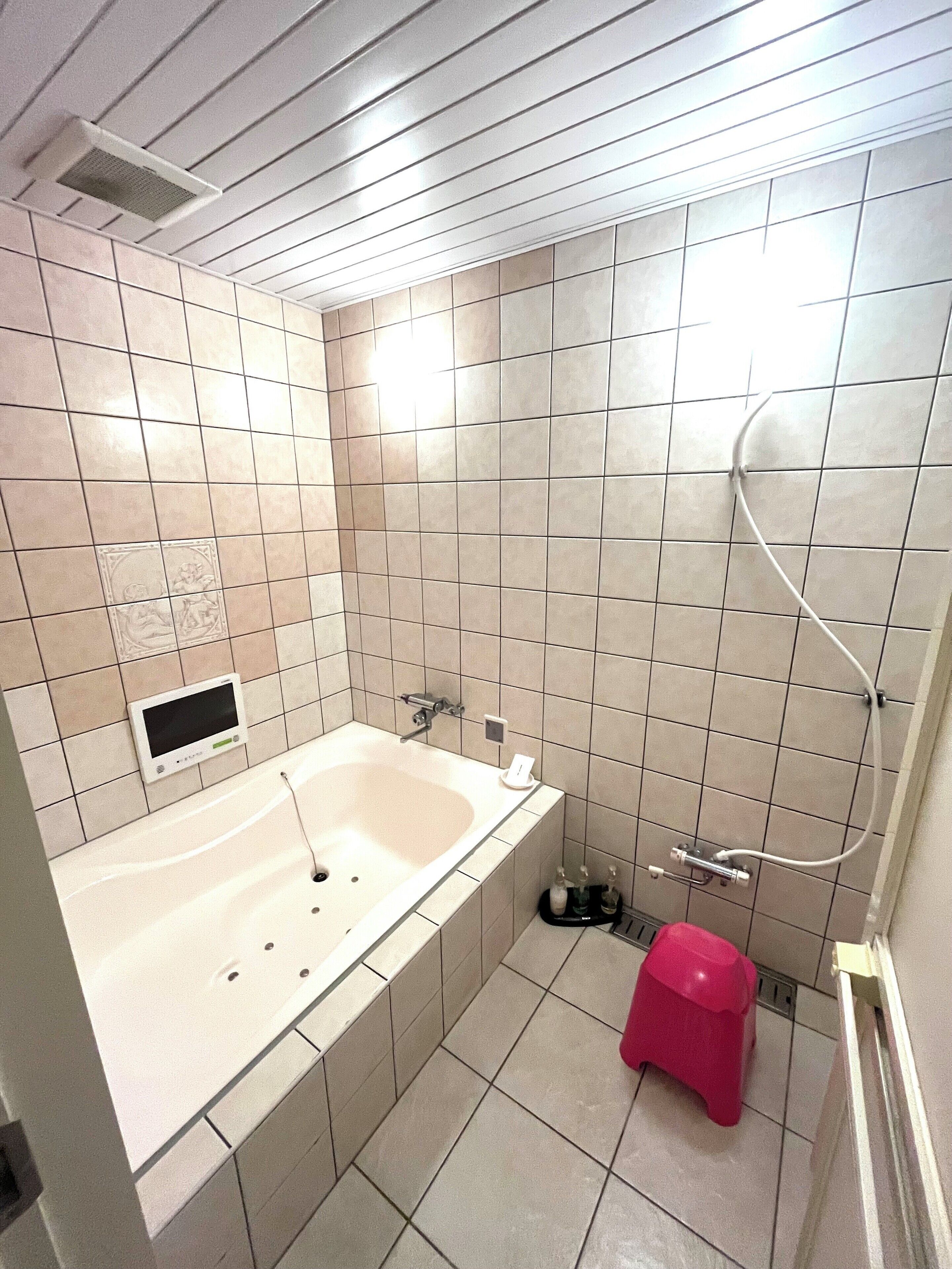 Un bagno con vasca, doccia e WC.