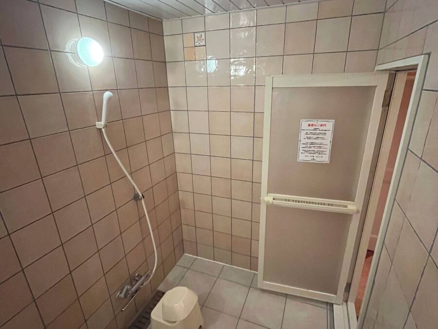 A small, tiled bathroom with a shower, toilet, and a shelf unit.