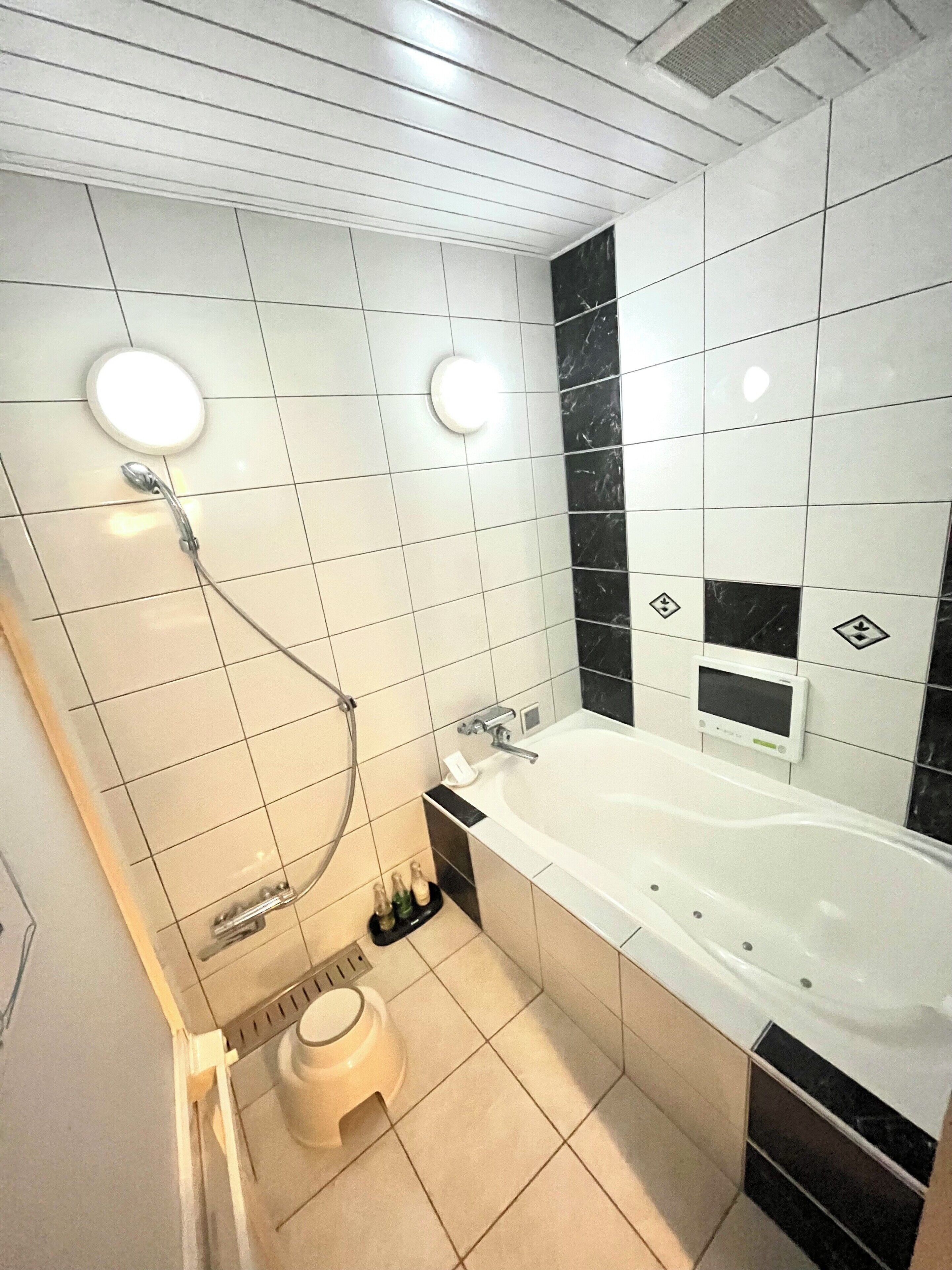 Un bagno moderno con una vasca, una doccia e un water.