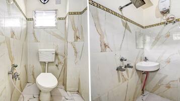 Shower, rainfall showerhead, towels, soap