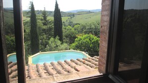A pool with a view of a green landscape and tall trees. - Villa in Tuscany with Pool & Olive Groves (Castelnuovo di Val di Cecina (PI))