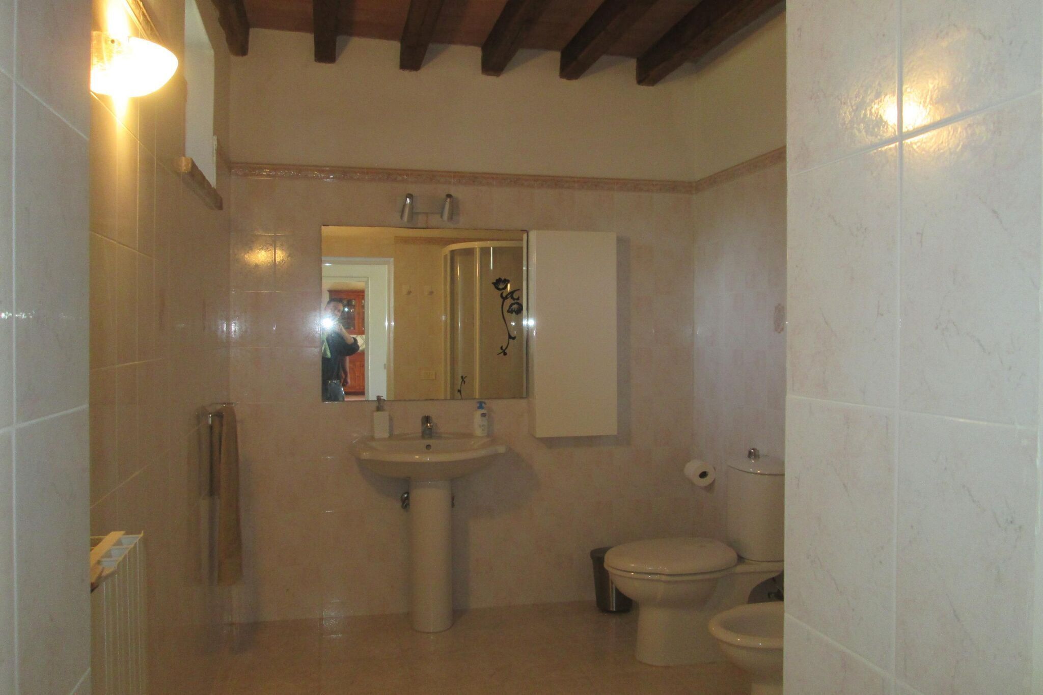 Une salle de bain équipée d’un lavabo, d’un miroir, de toilettes et d’une douche.