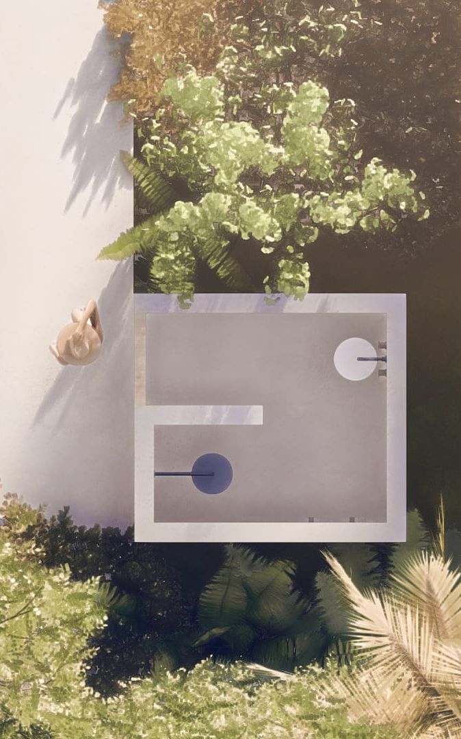 A top-down view of a room with a large window, a circular light fixture, and a small table.