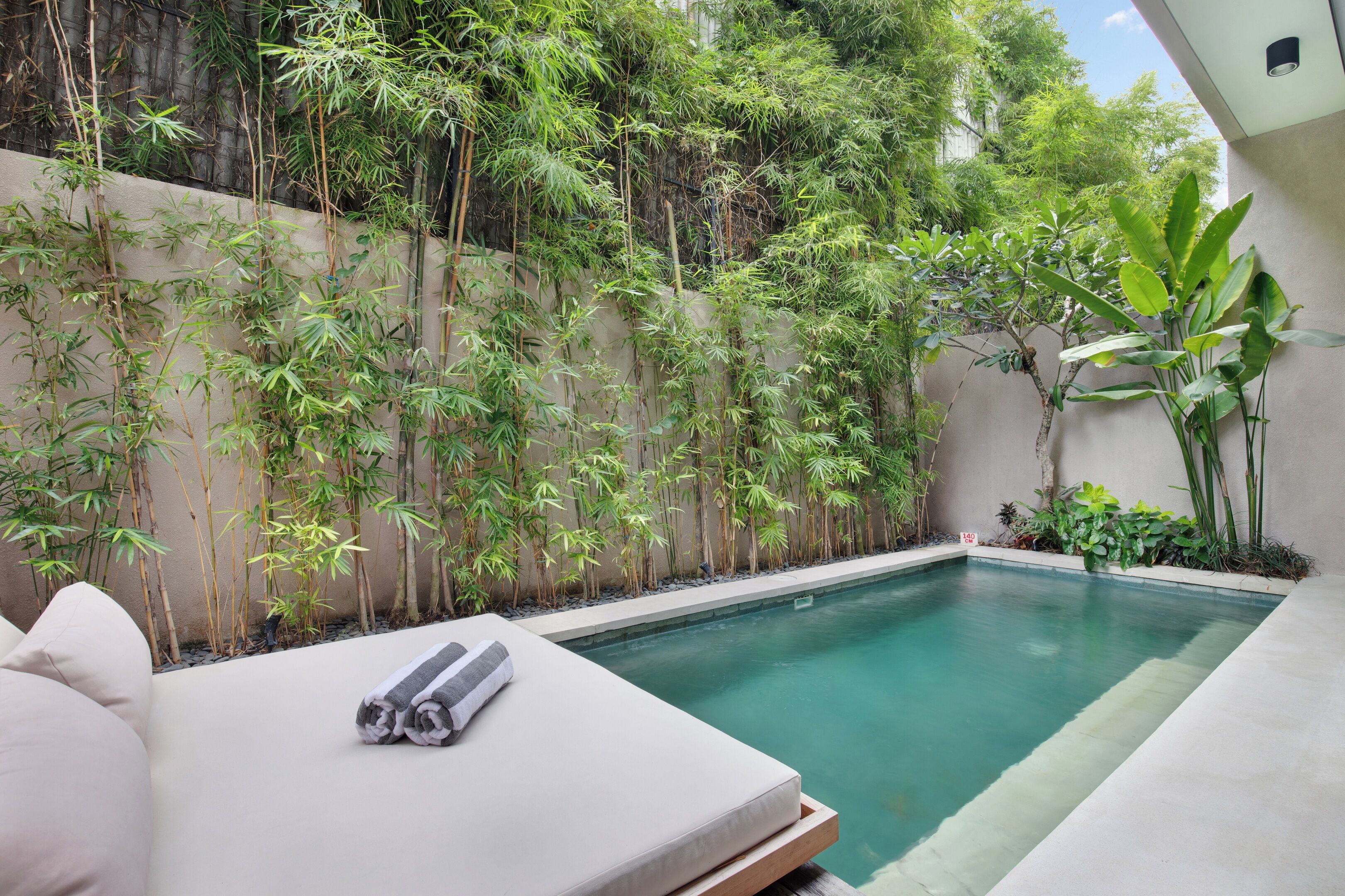 Una piscina con pared color beige y plantas de bambú.