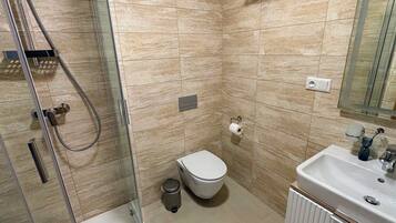 A modern bathroom with a glass shower enclosure, a toilet, and a sink with a mirror above.
