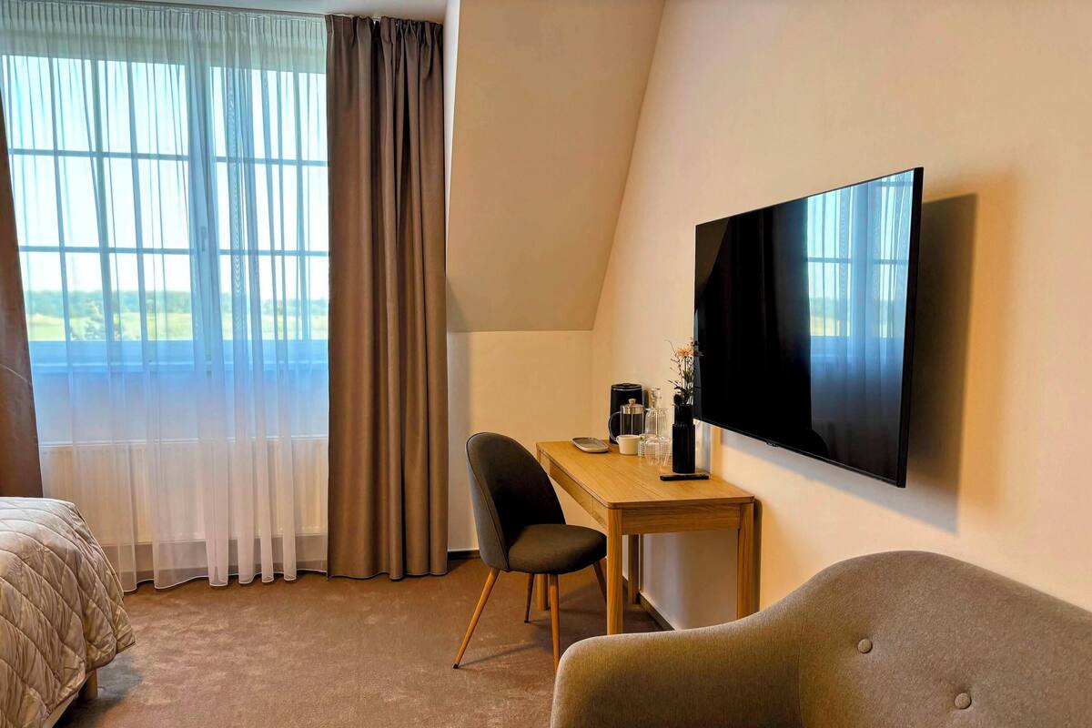 Une chambre d’hôtel comprenant un lit, un bureau avec une chaise, un téléviseur à écran plat et une vue sur l’extérieur par la fenêtre.