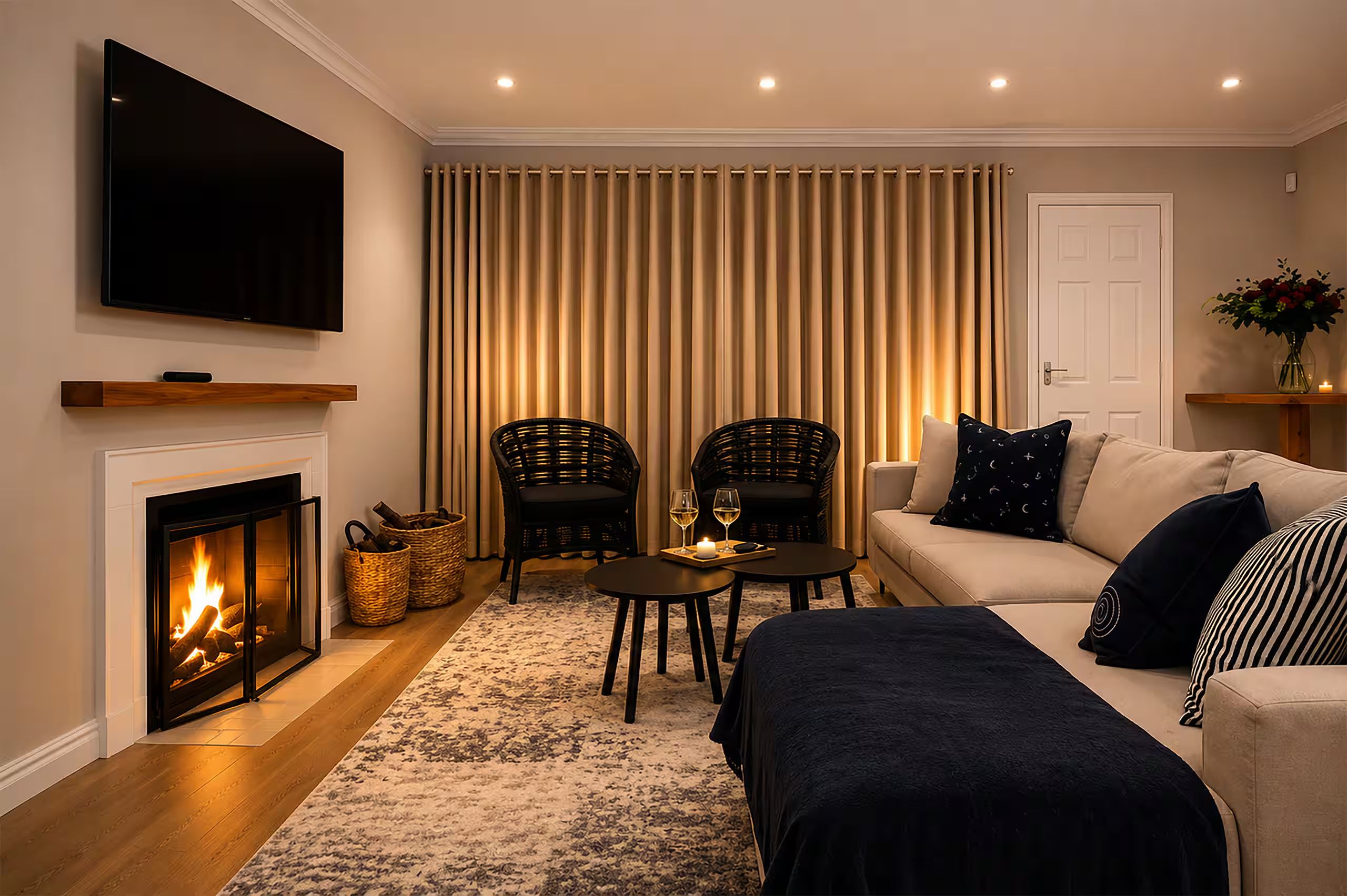 Un salon chaleureux avec une cheminée, deux fauteuils, un canapé et un téléviseur.