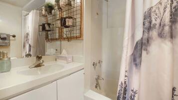 Shower, hair dryer, towels, shampoo