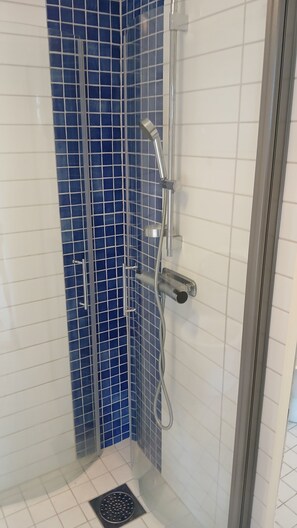 Regadera, toallas, jabón, papel de baño