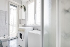 Shower, hair dryer, bidet, towels