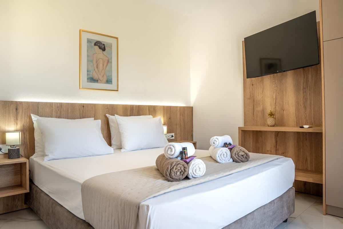 Habitación de hotel con una cama grande, dos almohadas, un cabecero de madera, un televisor montado en la pared y una pequeña estantería con una planta.