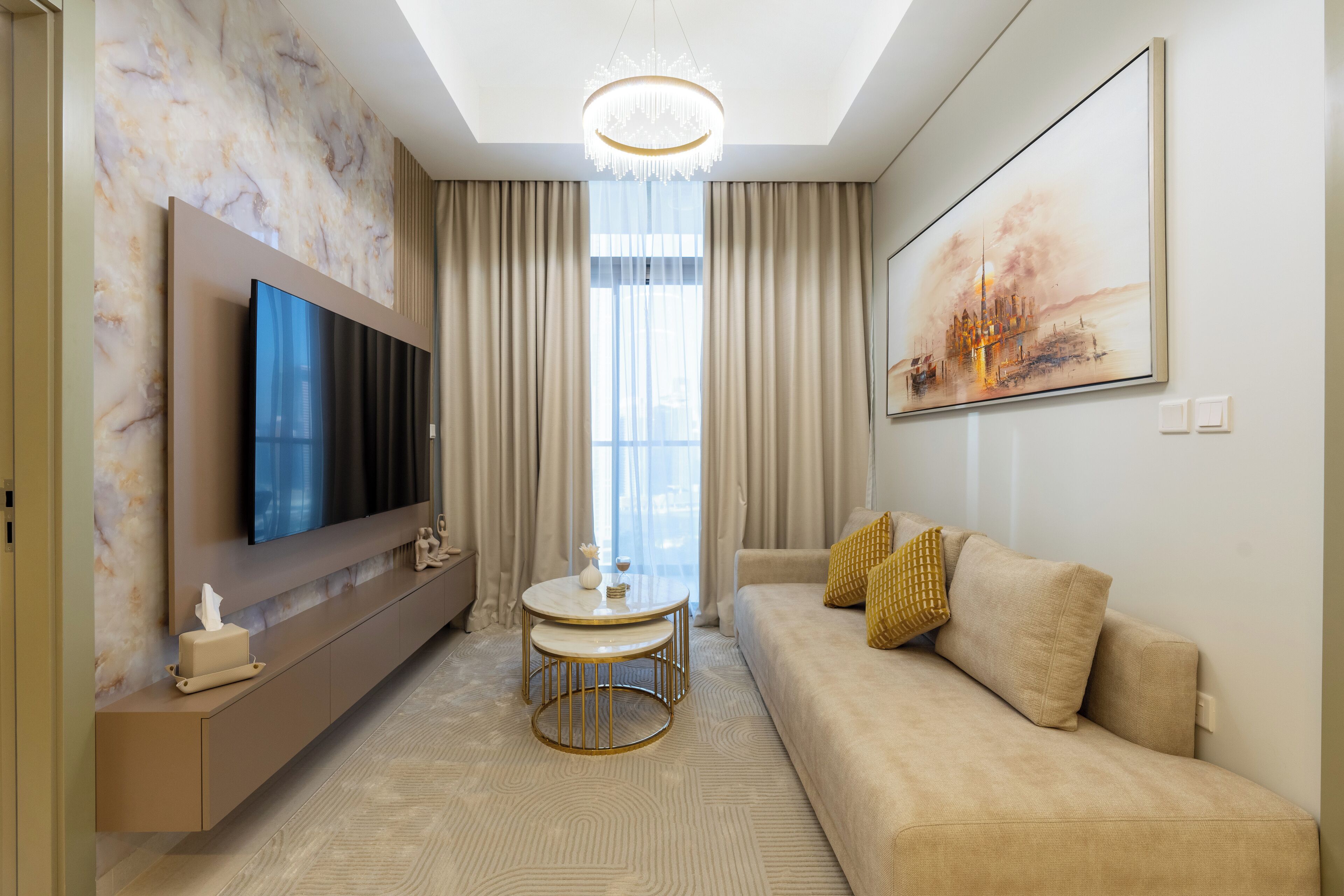 Deluxe Apartment, 2 Bedrooms, City View | Living area | 50-cm Smart TV with digital channels