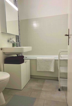 Shower, hair dryer, towels