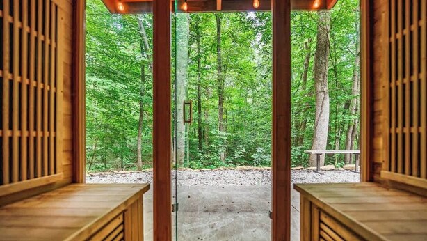 A wooden cabin with a view of a forest through a glass door.