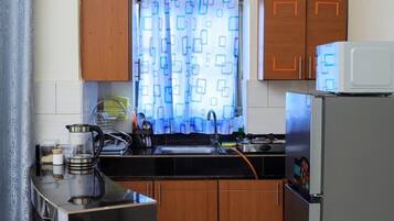 Classic Apartment, Balcony, City View | Private kitchen | Fridge, microwave, oven, stovetop