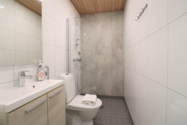 A modern bathroom with a white sink, a toilet, and a glass-enclosed shower.