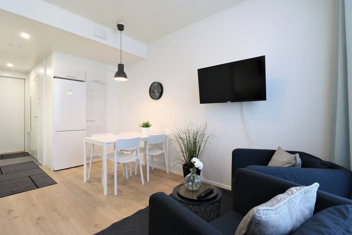 A modern living space with a kitchen, dining area, and seating area.