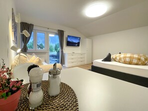 Estudio básico, 1 cama Queen size y sofá cama, balcón, vista a la montaña | Área de sala de estar | Televisión de pantalla plana de 55 pulgadas con canales por cable 