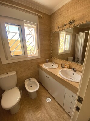 Shower, bidet, towels, soap