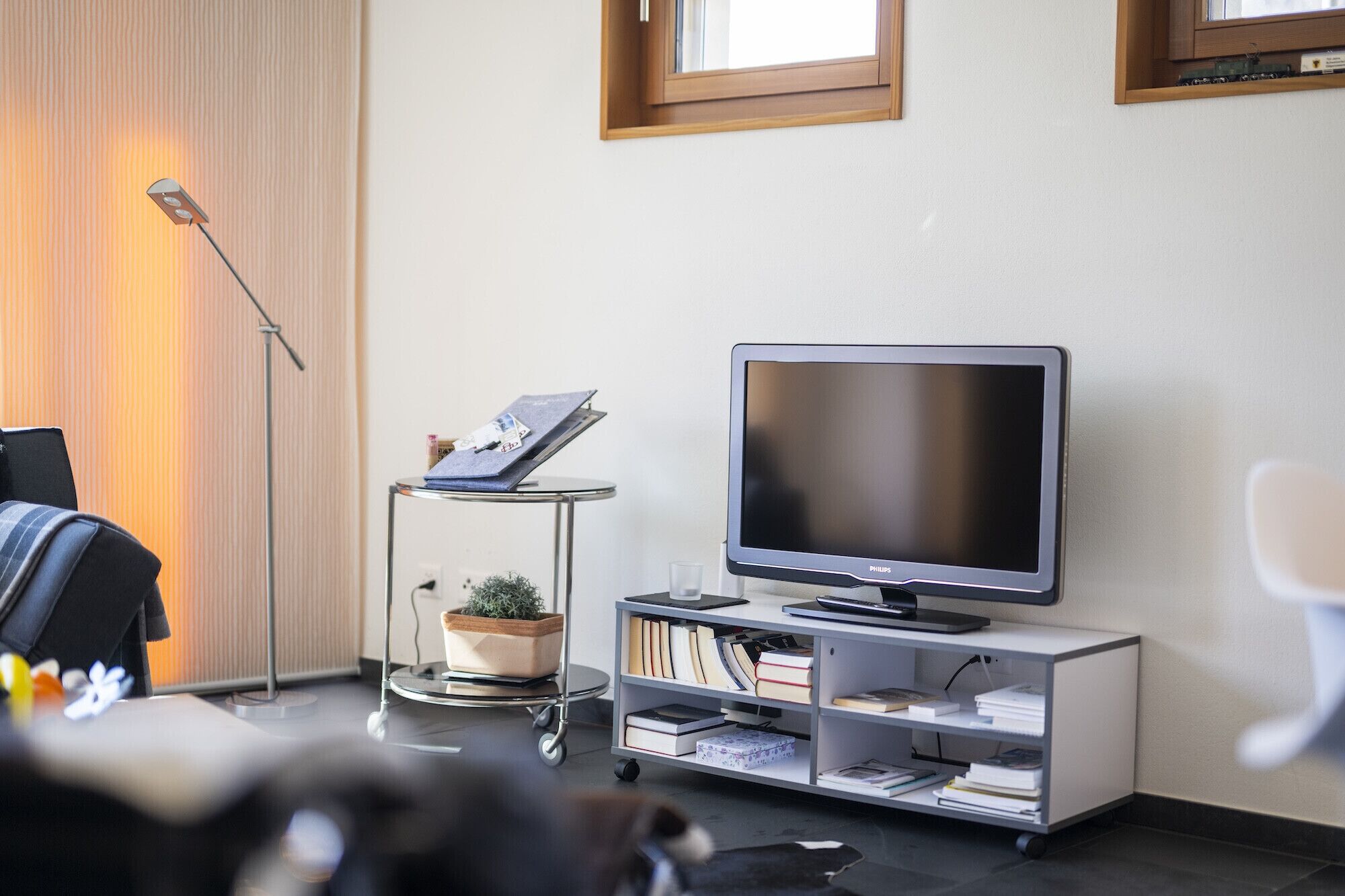 A modern living room with a flat-screen TV on a white stand, a small side table with a plant, and a bookshelf filled with books.