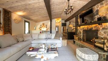 Smart TV, fireplace, books, stereo