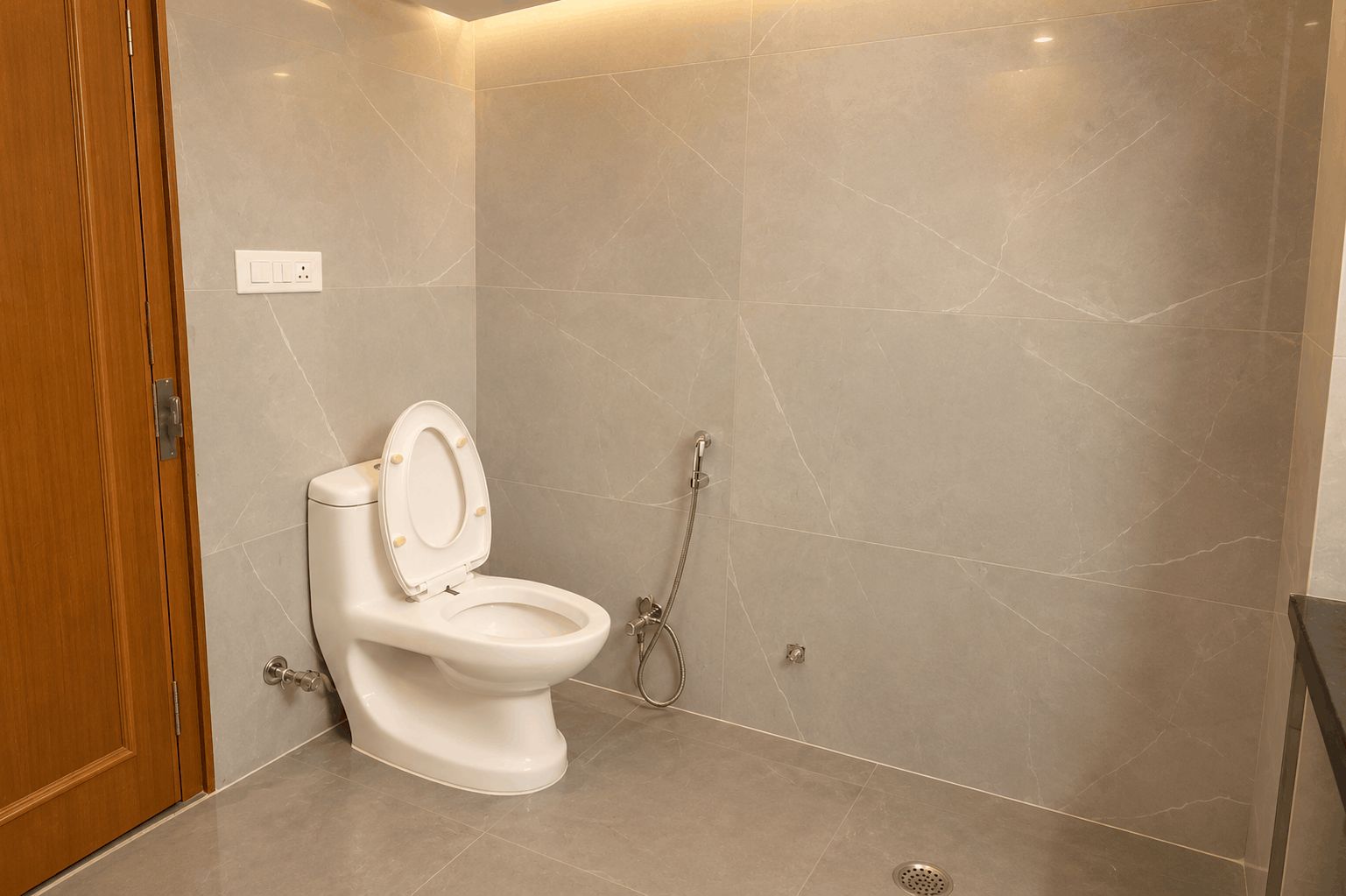 A bathroom with a toilet, shower, and a wooden door.