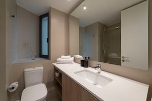 Shower, hair dryer, towels