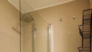 Un baño con ducha de vidrio, un inodoro blanco y un dispensador de papel higiénico.