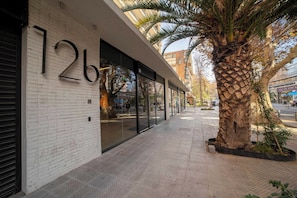 A building with a white brick facade, large glass windows, and a palm tree in the foreground.